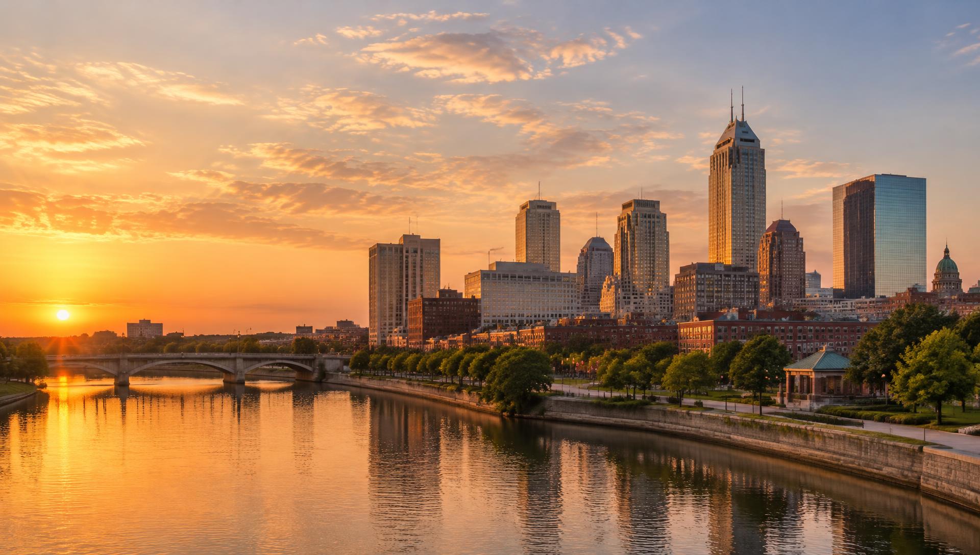 Downtown Indianapolis skyline at sunset